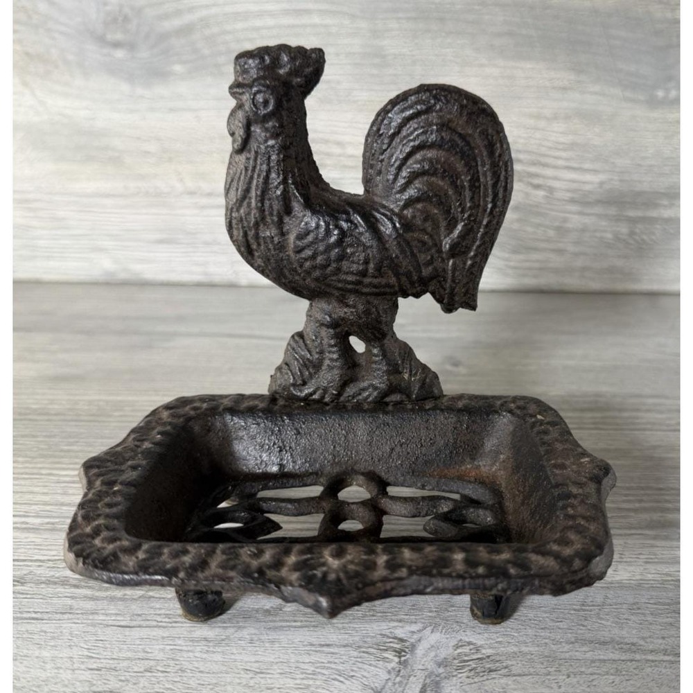 Vintage Rustic Cast Iron Rooster Soap Sponge Dish Farmhouse Chicken